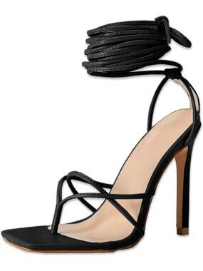 Women's Black Lace Up Heeled Sandals Square Flip Flop High Heels Strappy Shoes